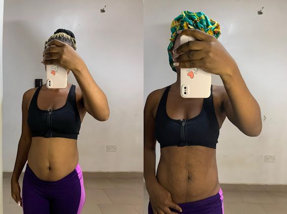 Mirror selfie showing belly reduction – before and after