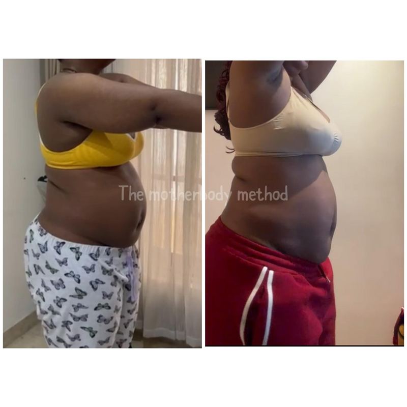 Client sends a WhatsApp message saying her belly is visibly flatter after just 2 weeks